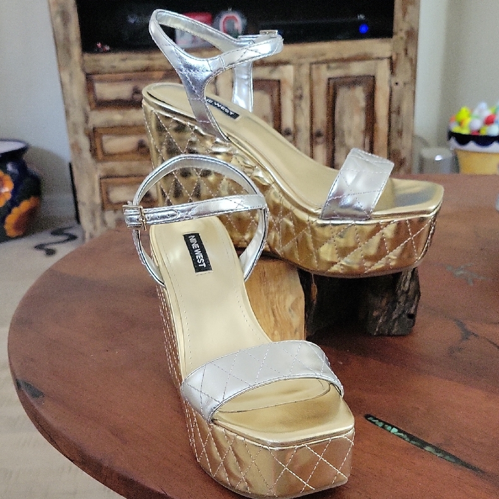Nine West Silver and Gold Platform Sandals